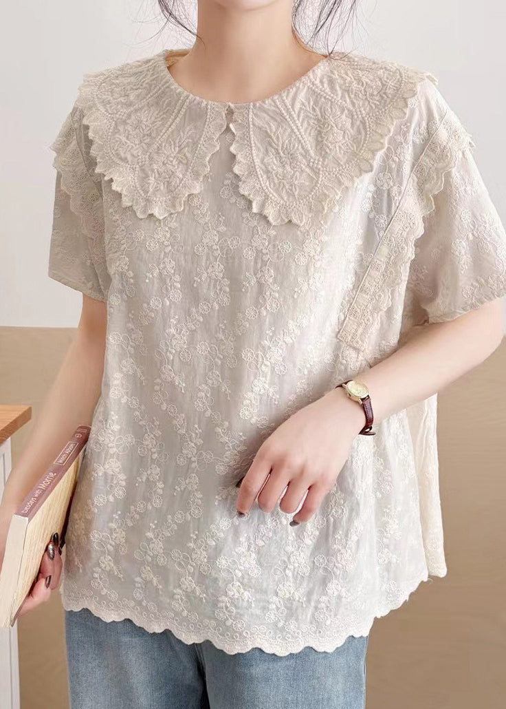 Pan Fine Embroidered Beige Collar Top Summer Cotton Peter