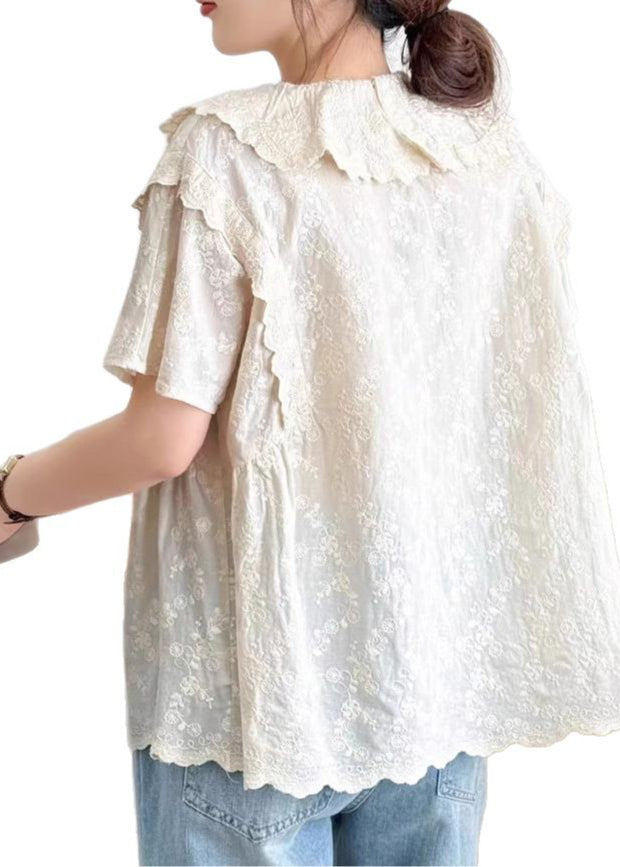 Pan Fine Embroidered Beige Collar Top Summer Cotton Peter