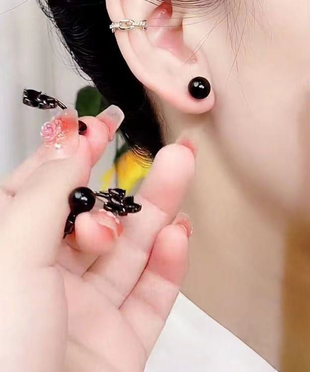 Fine Black Alloy Inlaid Gem Stone Floral Stud Earrings GH1086