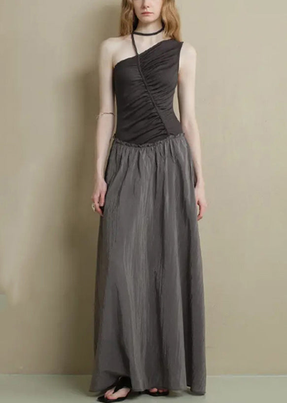 Black Asymmetrical Cotton Ruffled Long Patchwork Knitting Fine