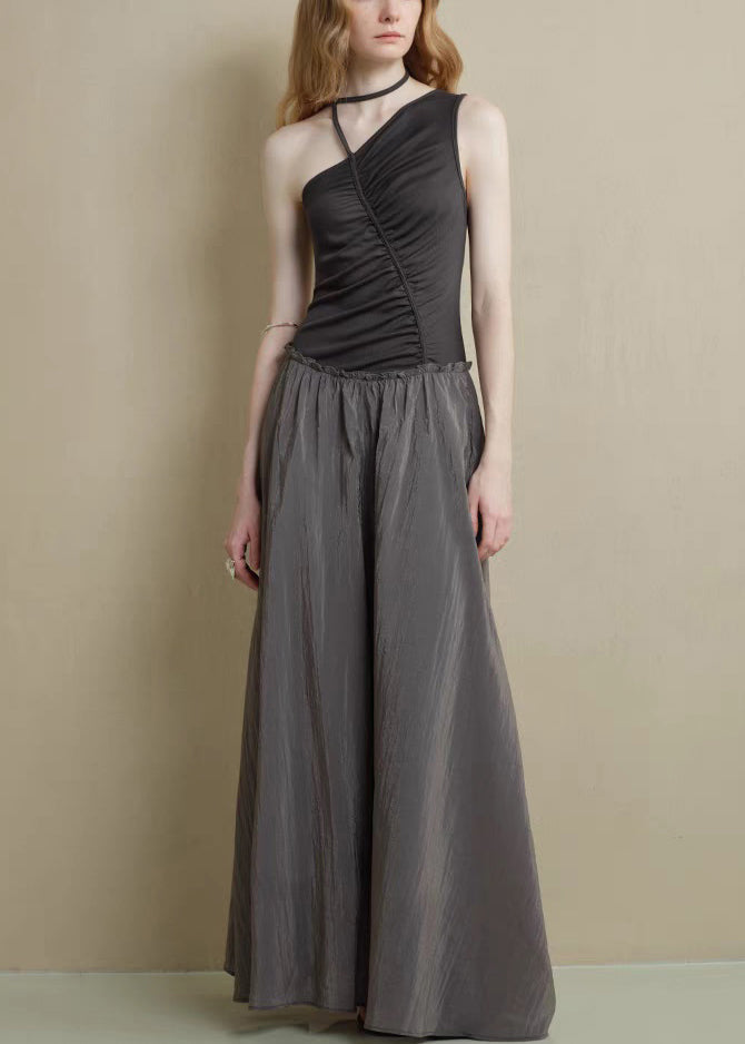 Black Asymmetrical Cotton Ruffled Long Patchwork Knitting Fine