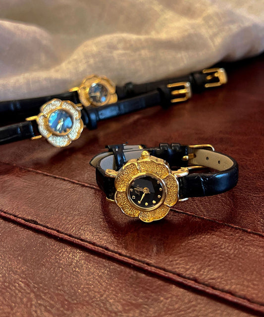 Leather Black Organic Glass Alloy Watches Quartz Fine Movement