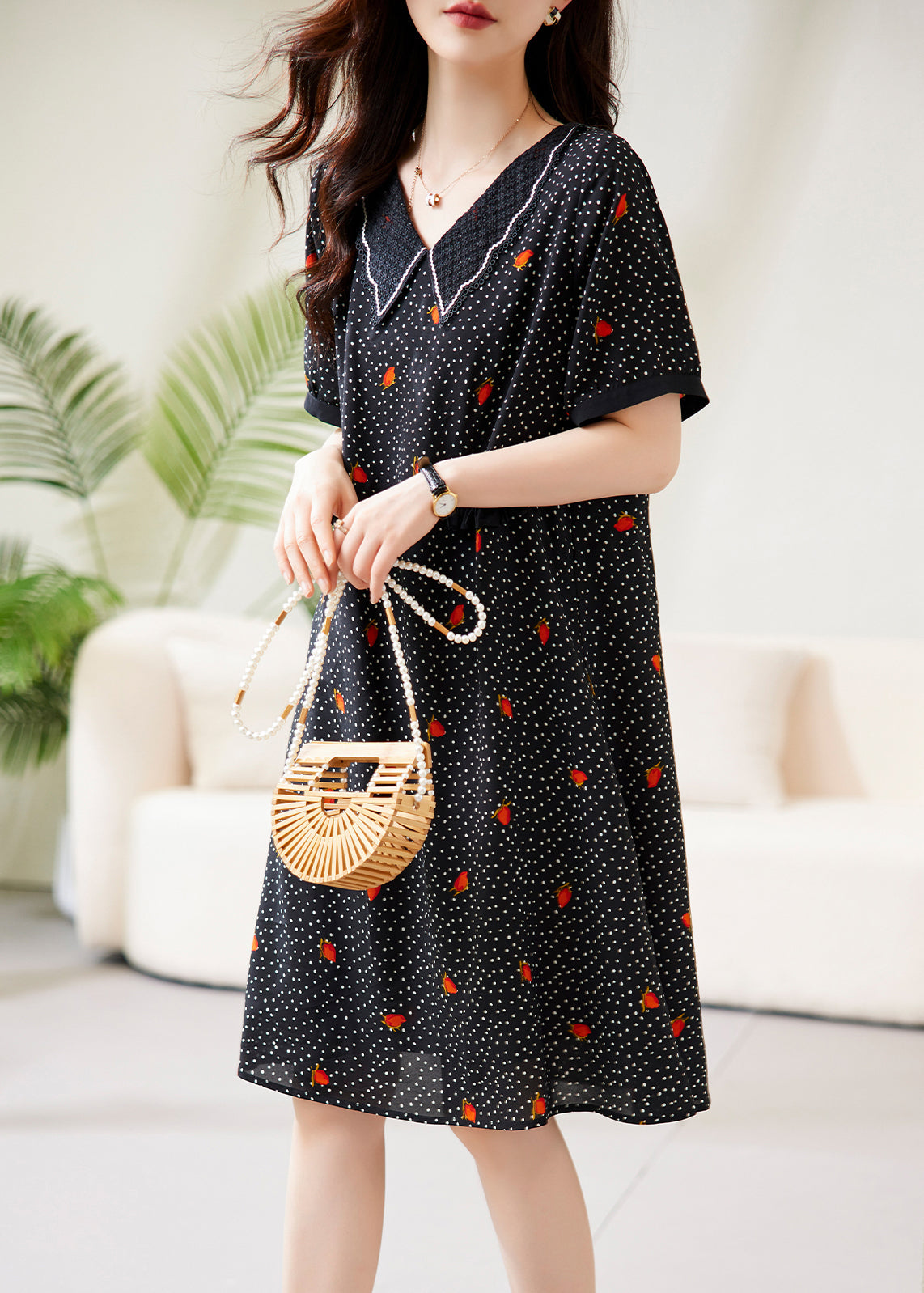 Fine Black Peter Pan Collar Dot Print Chiffon Maxi Dresses Short Sleeve WW041