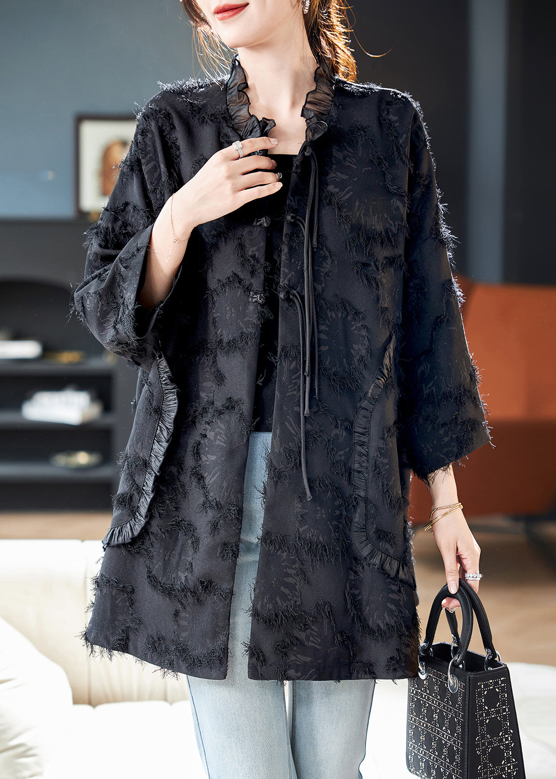 Fine Patchwork Spring Button Black Coat Ruffled