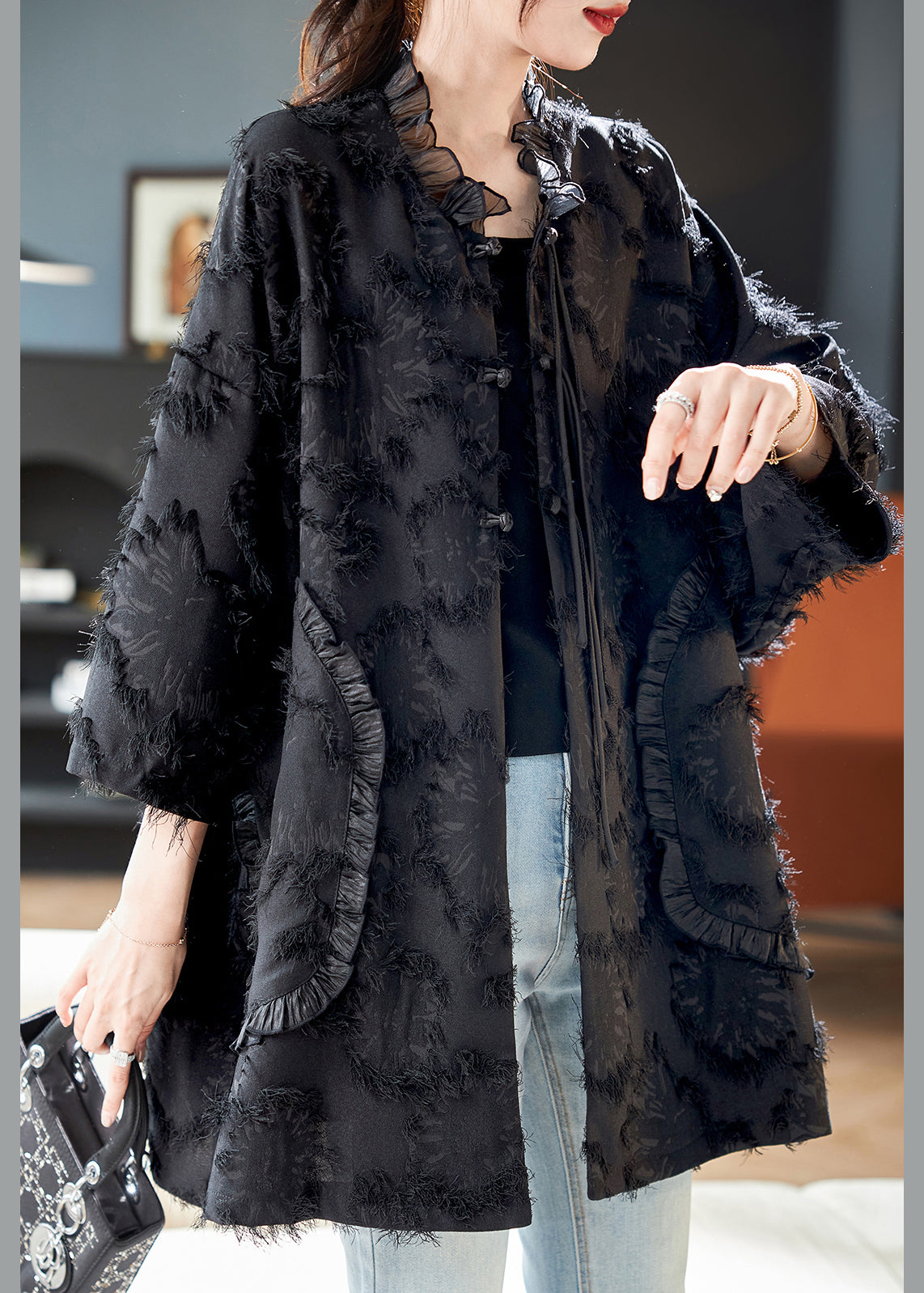 Fine Patchwork Spring Button Black Coat Ruffled