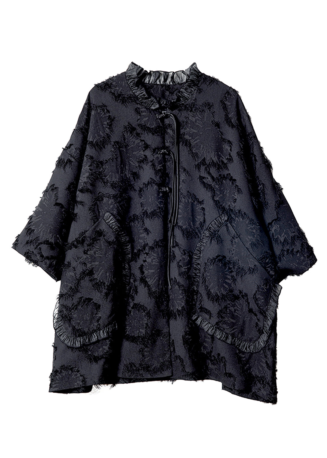 Fine Patchwork Spring Button Black Coat Ruffled