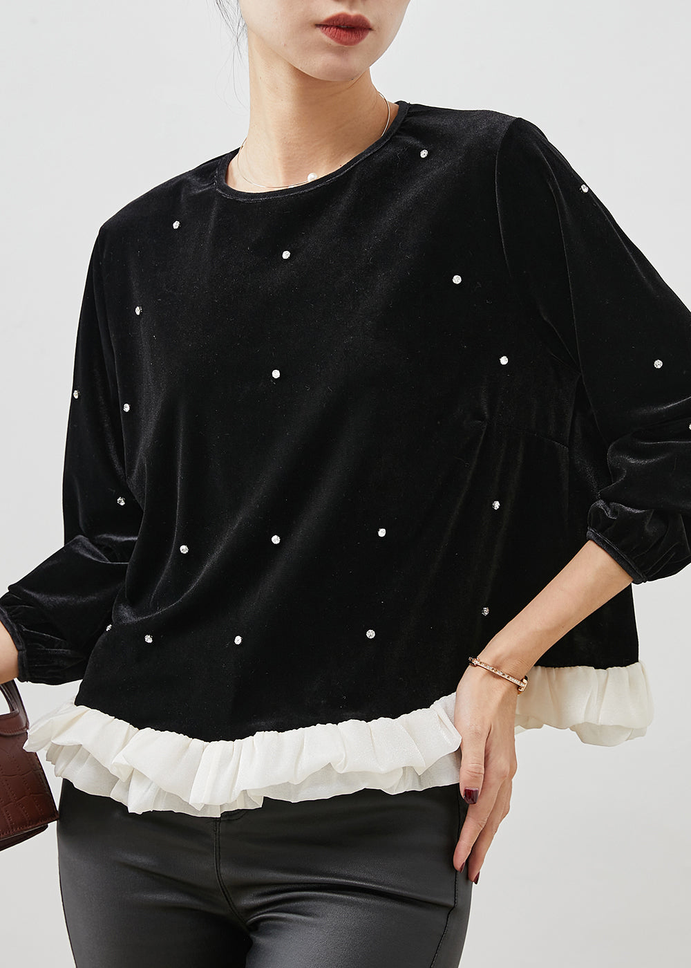 Fine Black Ruffled Patchwork Nail Bead Velour Blouse Tops Spring YU1055