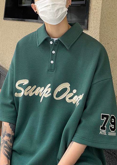 Letter Fine Cotton Blackish Green Men Button Shirts Polo Summer