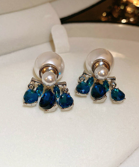 Fine Blue Copper Alloy Zircon Pearl Water Drop Drop Earrings ET036