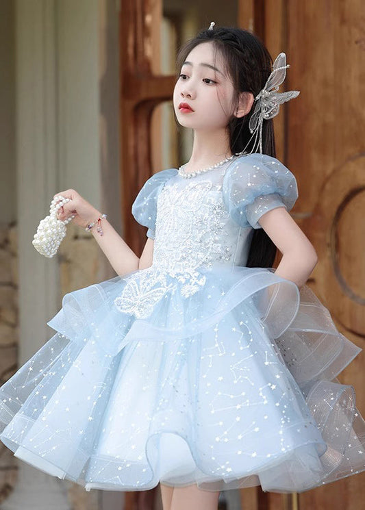 Fine Blue Nail Bead Bow Tulle Girls Maxi Dresses Summer QV008