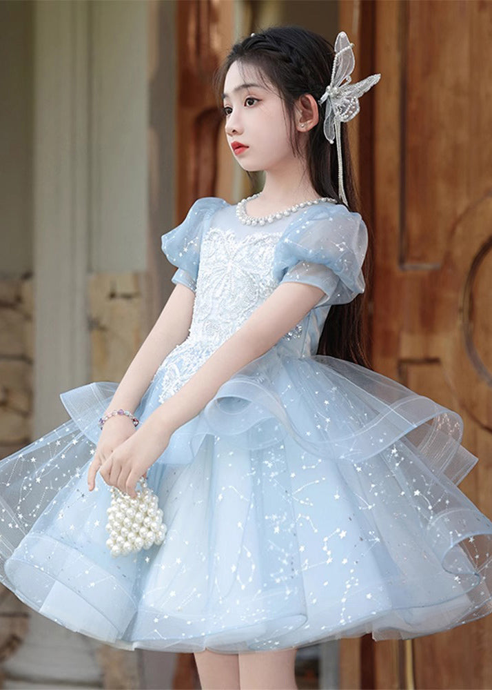 Fine Blue Nail Bead Bow Tulle Girls Maxi Dresses Summer QV008