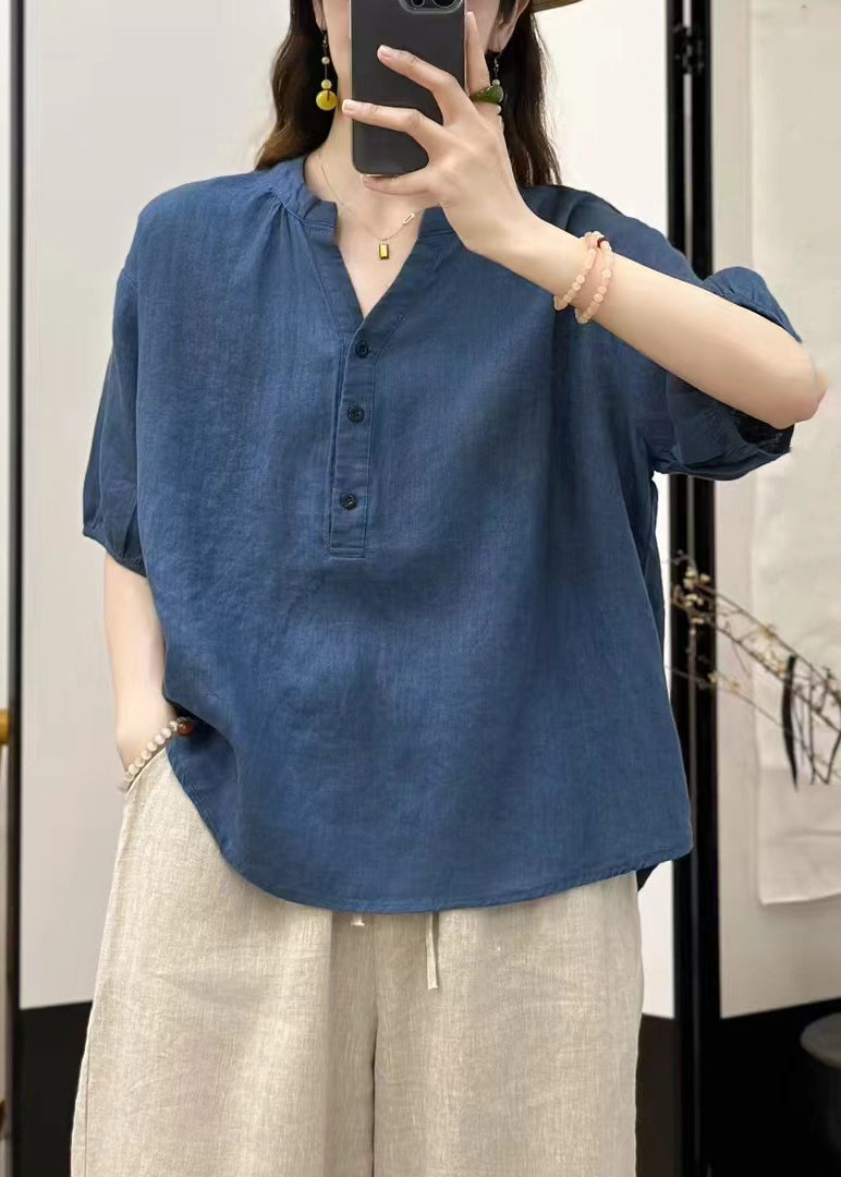 Fine Blue Summer Solid Neck V Button Top Linen