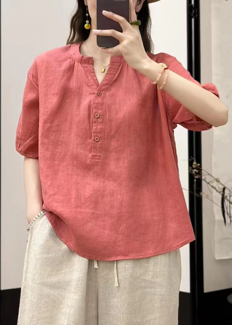 Fine Blue Summer Solid Neck V Button Top Linen