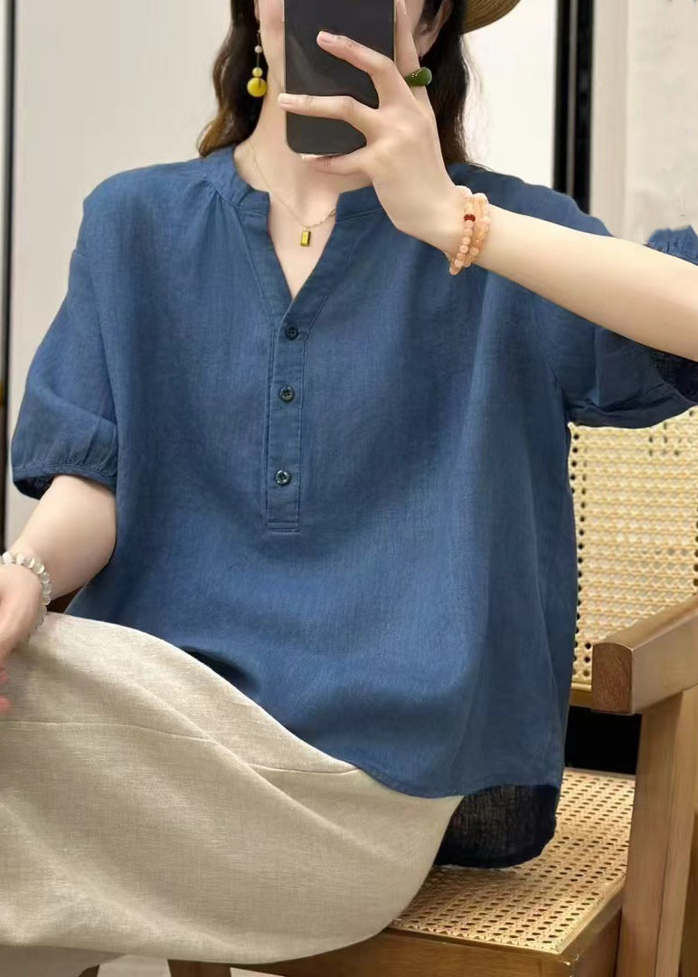 Fine Blue Summer Solid Neck V Button Top Linen