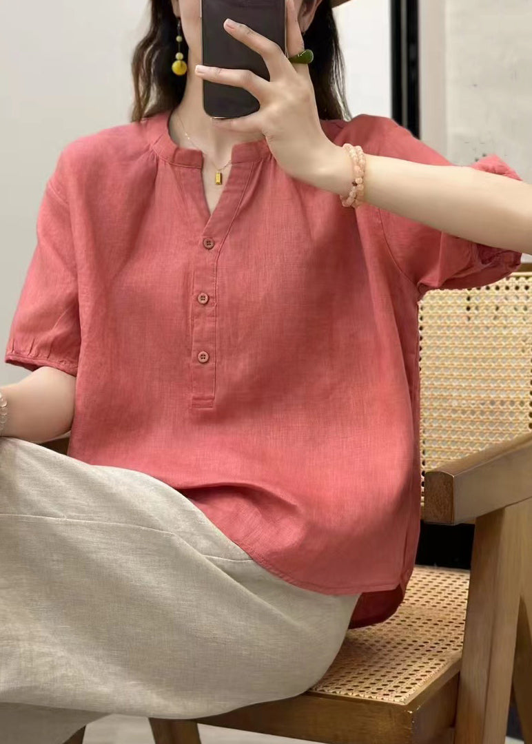 Fine Blue Summer Solid Neck V Button Top Linen