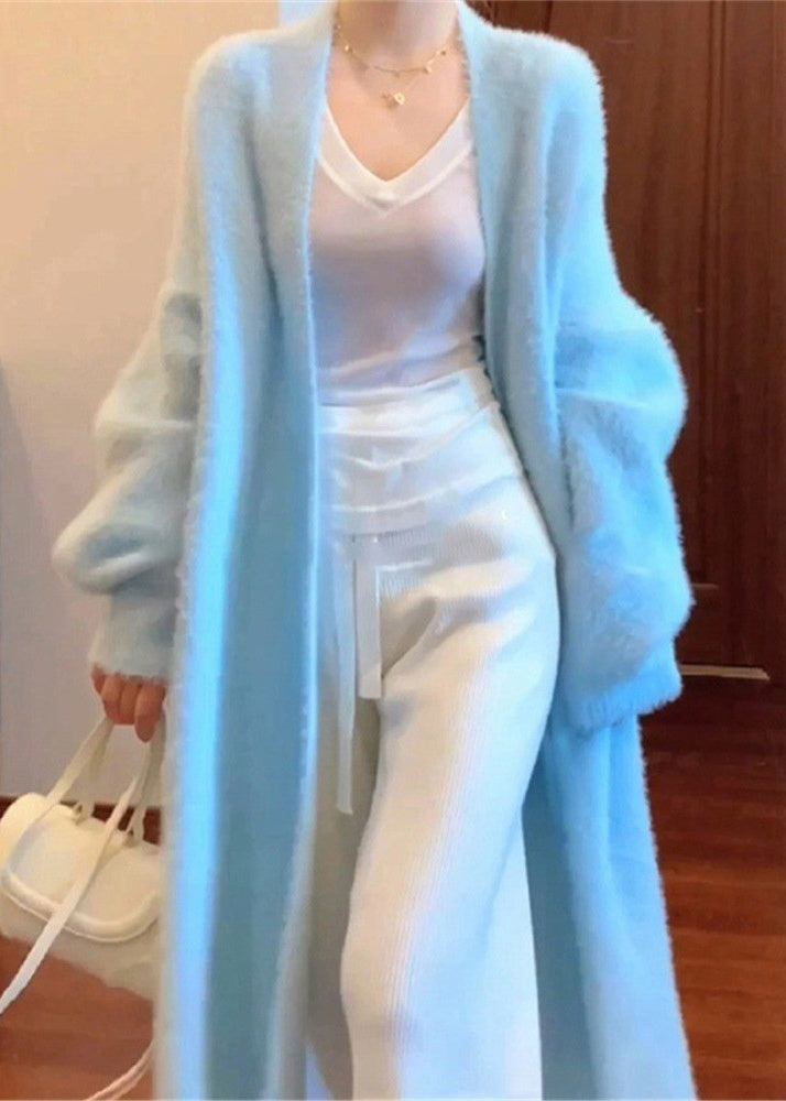 Fine Blue V Neck Mink Hair Knitted Cardigan Fall RL012