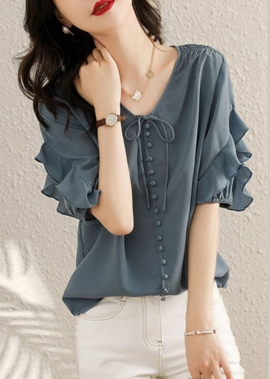 Fine V Summer Blue Ruffled Patchwork Shirts Neck Chiffon