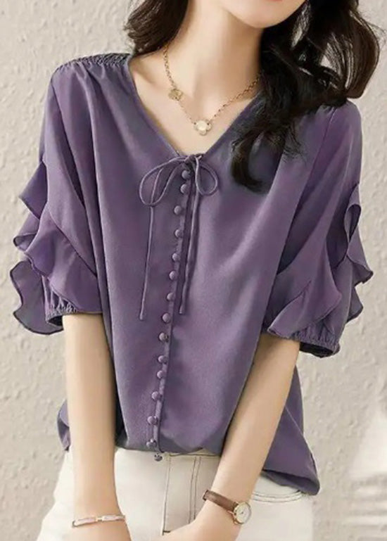 Fine V Summer Blue Ruffled Patchwork Shirts Neck Chiffon