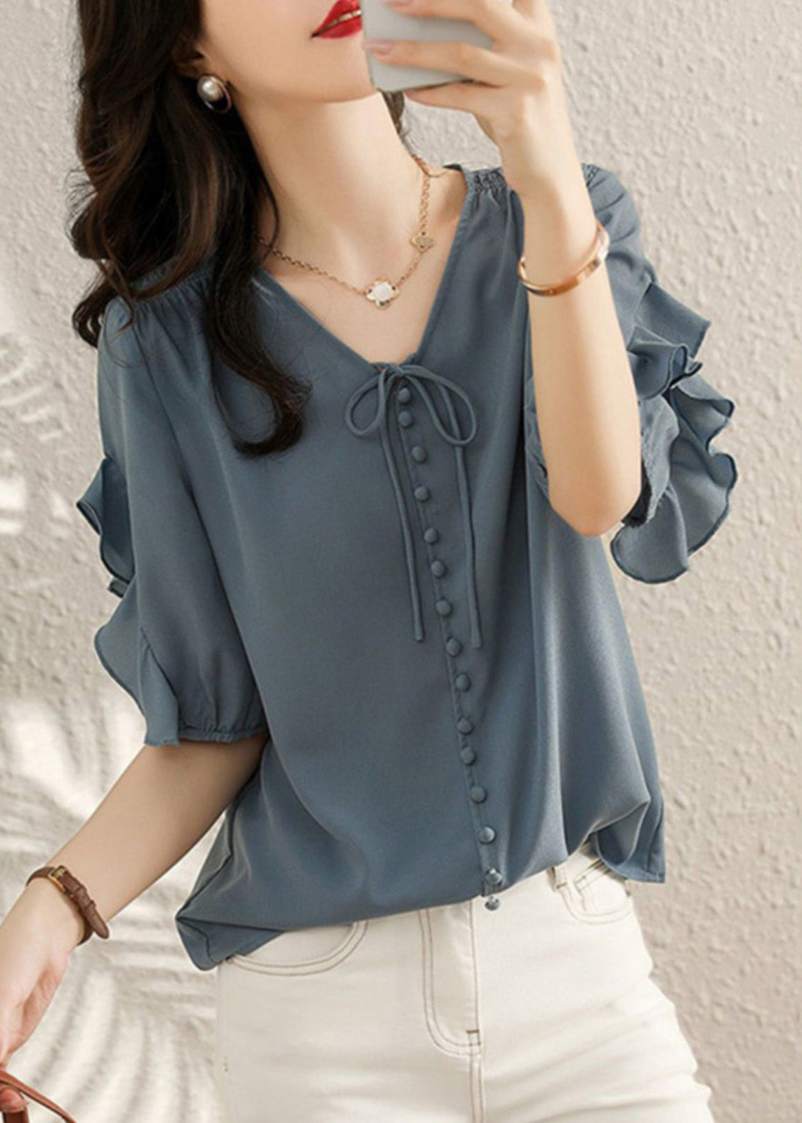 Fine V Summer Blue Ruffled Patchwork Shirts Neck Chiffon