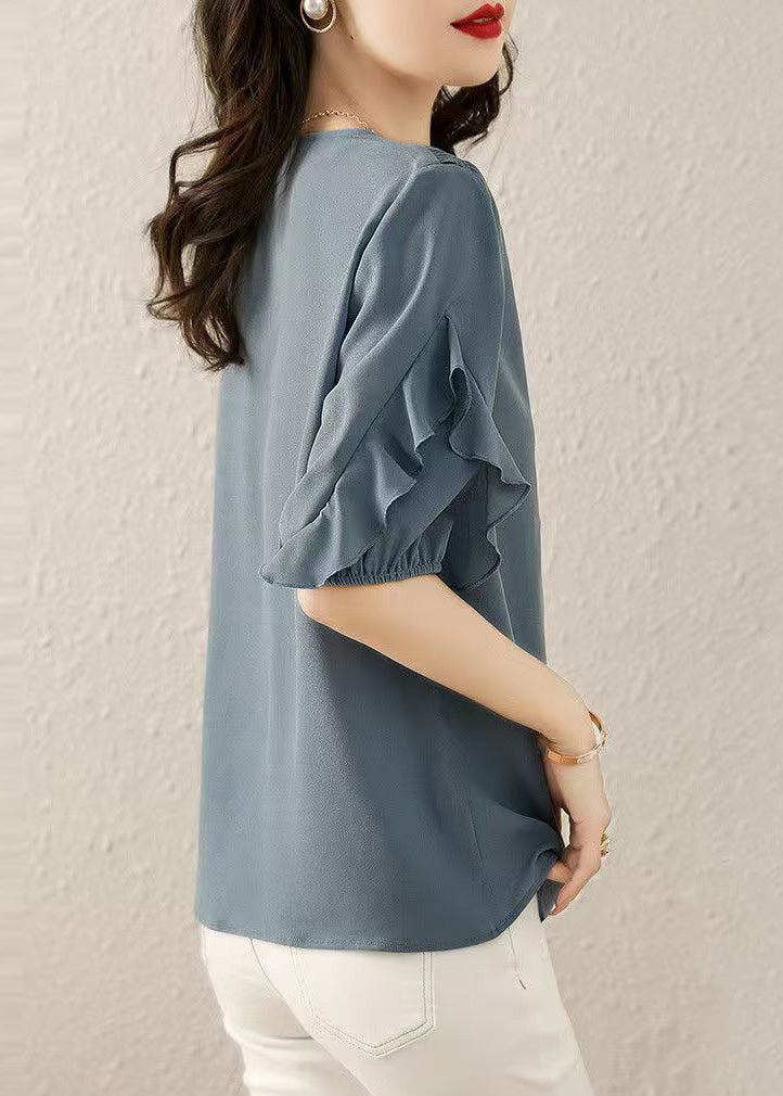 Fine V Summer Blue Ruffled Patchwork Shirts Neck Chiffon