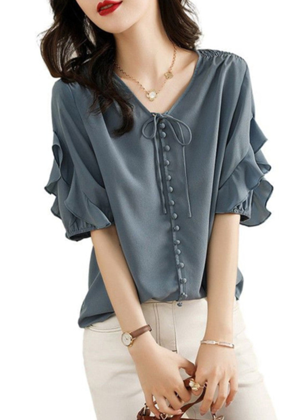 Fine V Summer Blue Ruffled Patchwork Shirts Neck Chiffon
