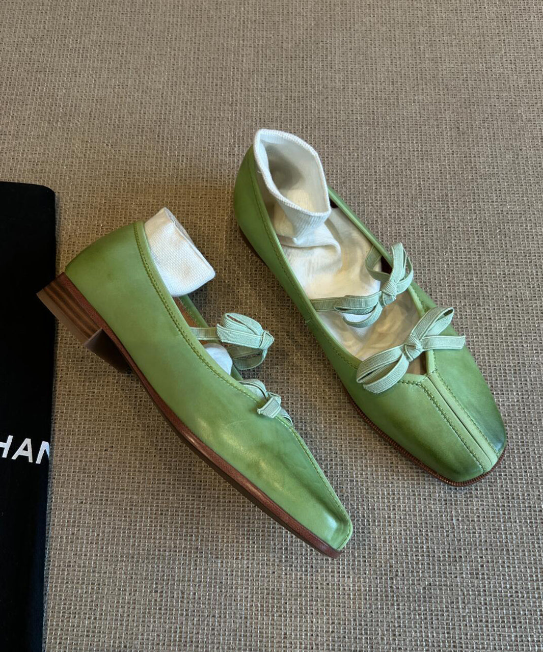 Green Bow Comfy Fine Splicing Sheepskin Flats