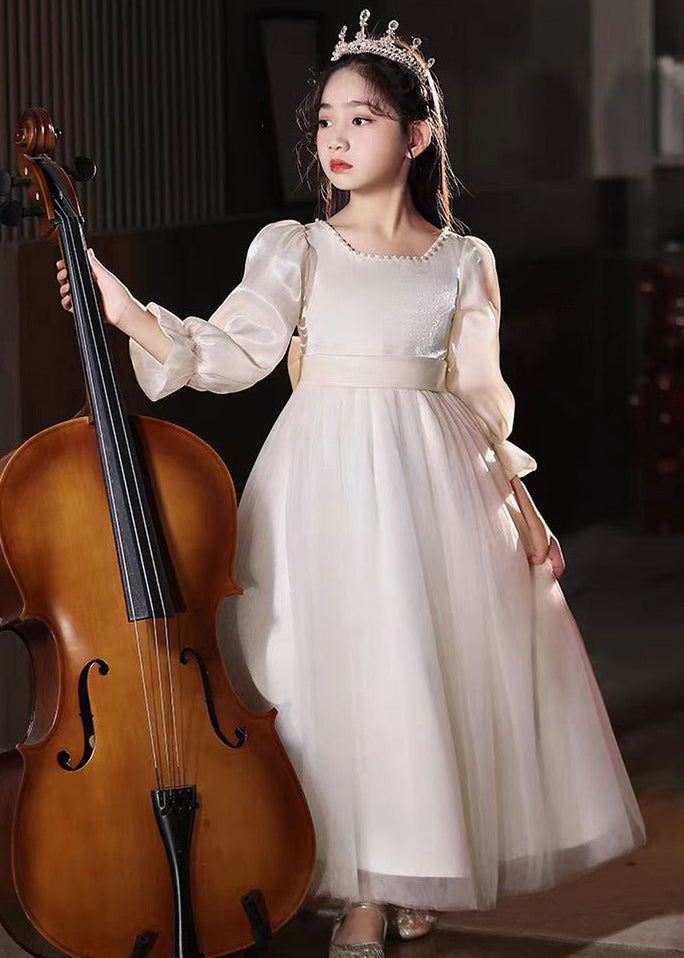 Fine Champagne Square Collar Nail Bead Tulle Kids Long Dress Puff Sleeve QV004