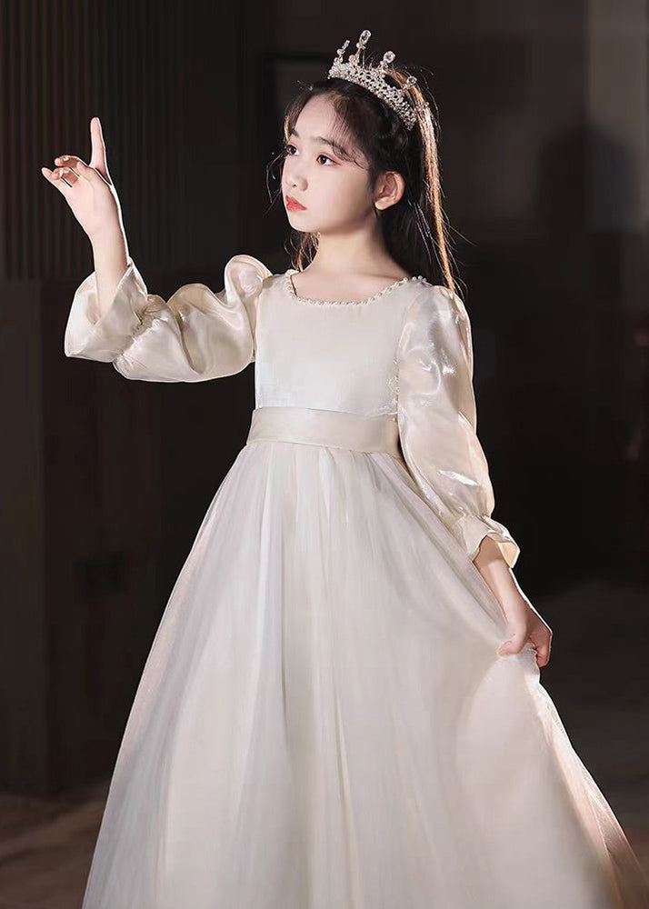 Fine Champagne Square Collar Nail Bead Tulle Kids Long Dress Puff Sleeve QV004