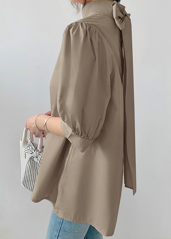 Fine Stand Bow Coffee Chiffon Half Shirts Collar Sleeve