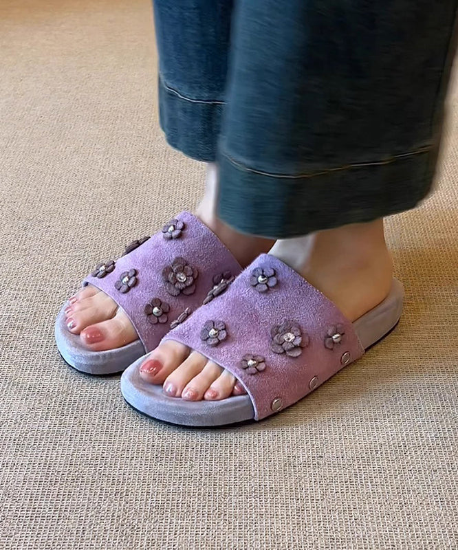 Fine Purple Peep Sandals Toe Slide Suede Splicing Floral