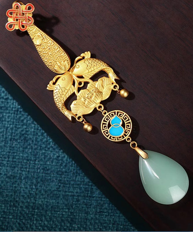 Fine Gold Ancient Gold Jade Every Year There Is Fish Tassel Brooches KX1083