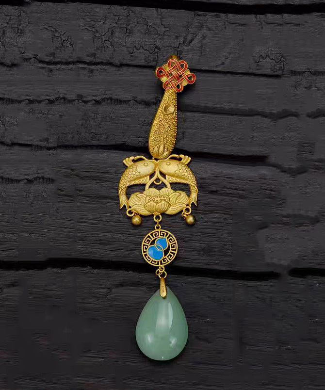 Fine Gold Ancient Gold Jade Every Year There Is Fish Tassel Brooches KX1083