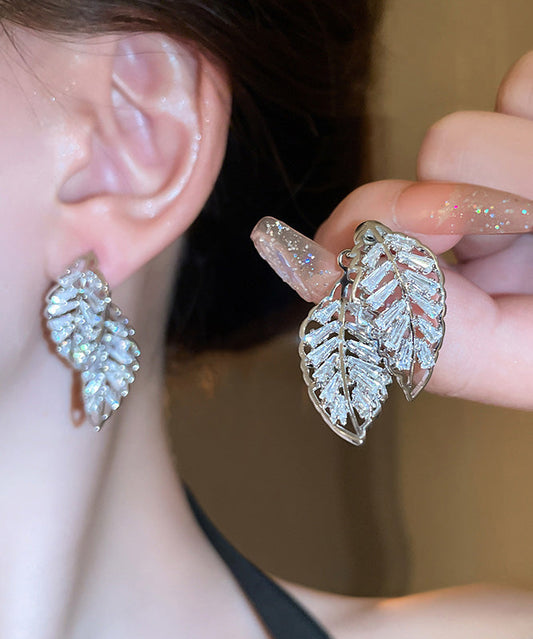 Gold Hollow Out Stud Leaf Earrings Zircon Fine Copper