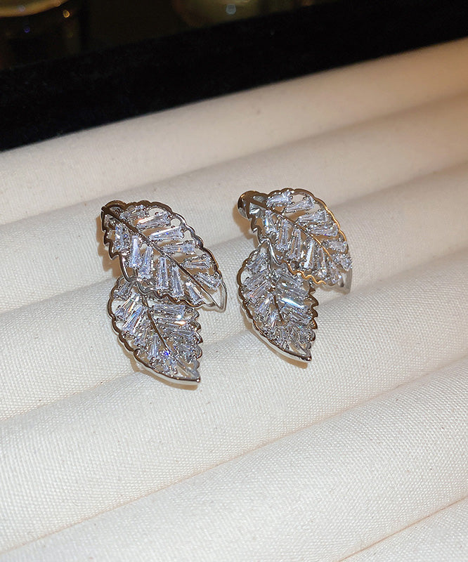 Gold Hollow Out Stud Leaf Earrings Zircon Fine Copper