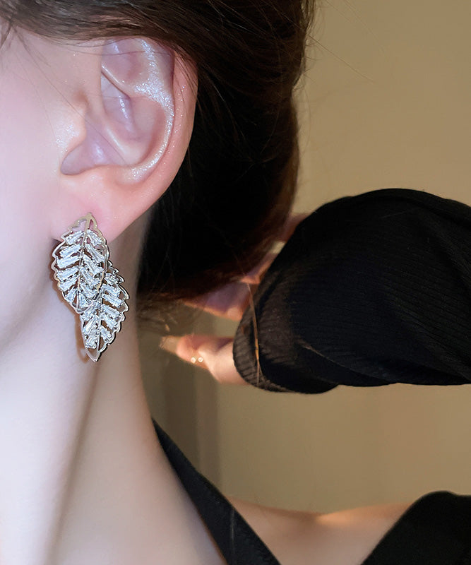 Gold Hollow Out Stud Leaf Earrings Zircon Fine Copper