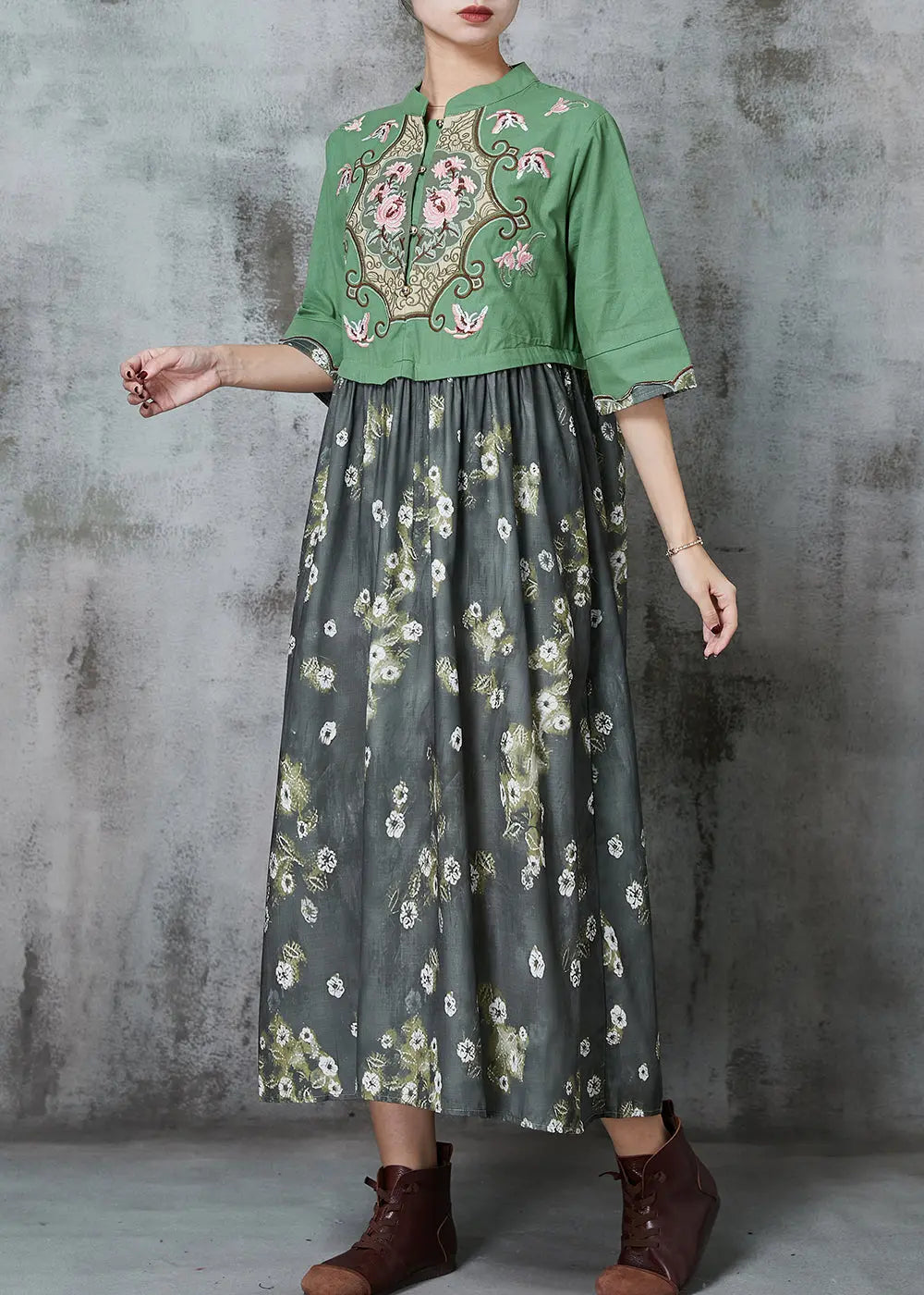 Fine Green Embroidered Patchwork Cotton Vacation Dresses Summer Ada Fashion