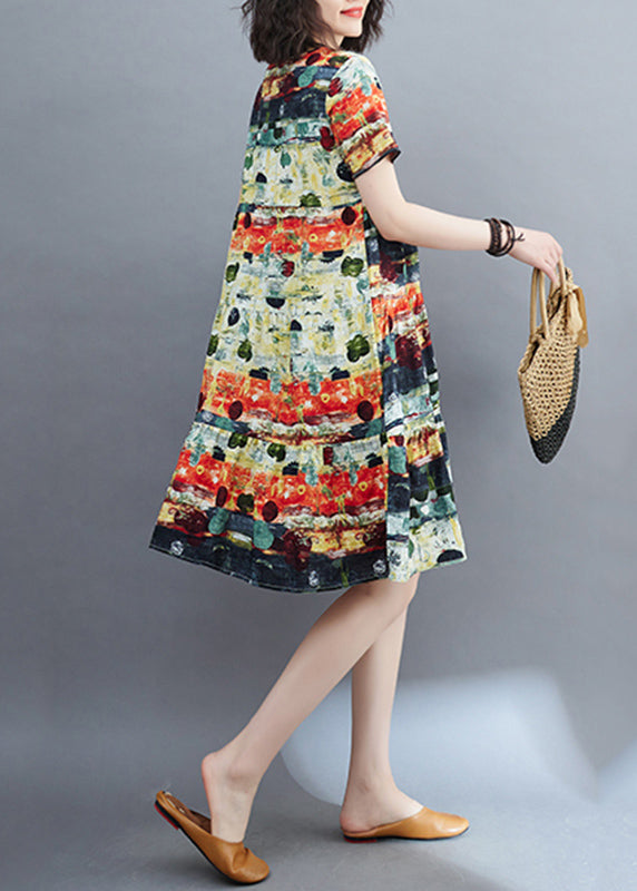 Fine Green O-Neck Print Ruffled Patchwork Mid Dress Summer VB1014