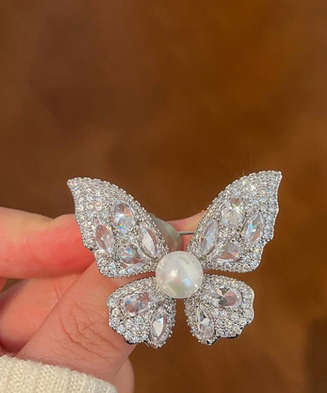 Fine Grey Alloy Zircon Butterfly Pearl Brooches YD039
