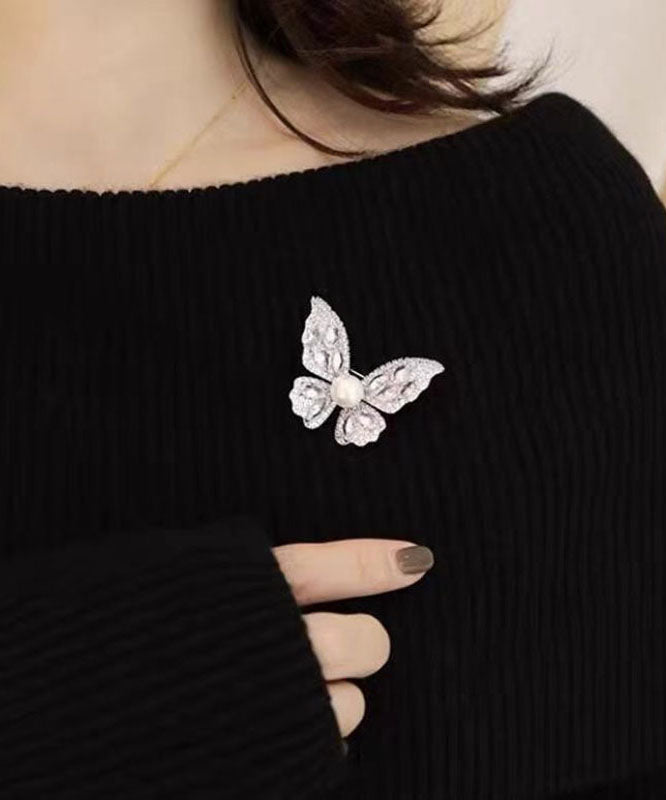 Fine Grey Alloy Zircon Butterfly Pearl Brooches YD039