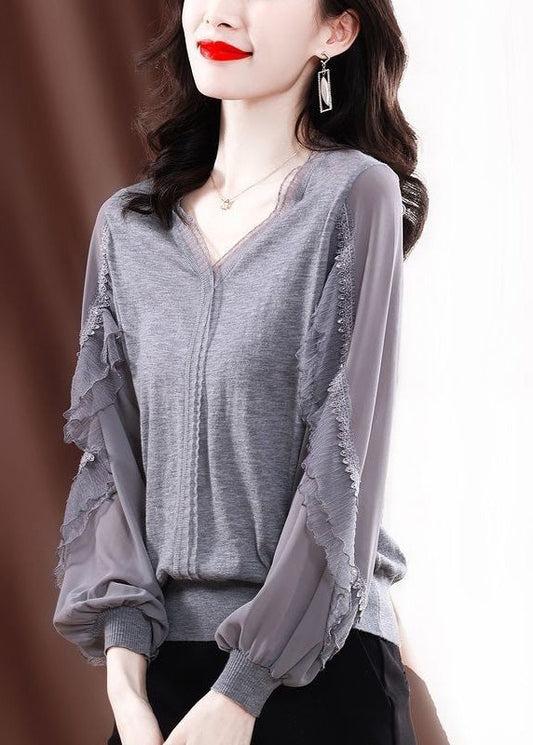 Fine Grey Shirt Patchwork Knit Tulle Spring Ruffled