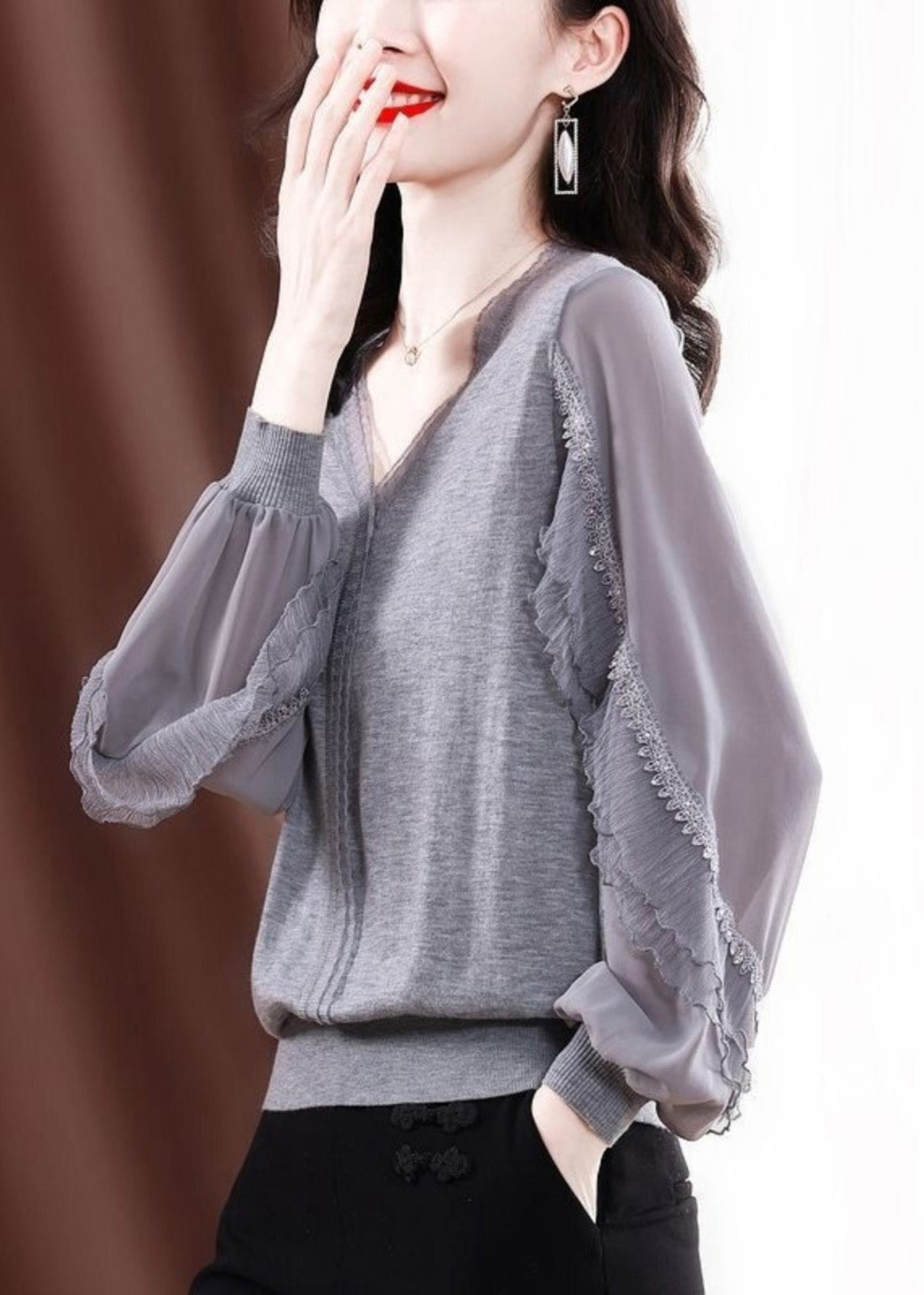 Fine Grey Shirt Patchwork Knit Tulle Spring Ruffled