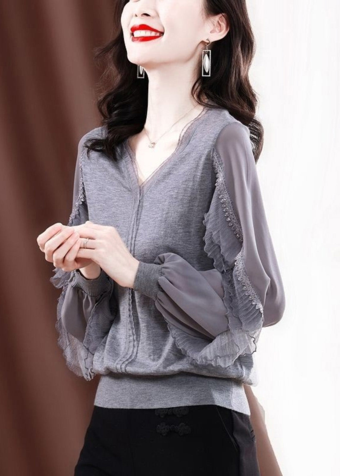 Fine Grey Shirt Patchwork Knit Tulle Spring Ruffled
