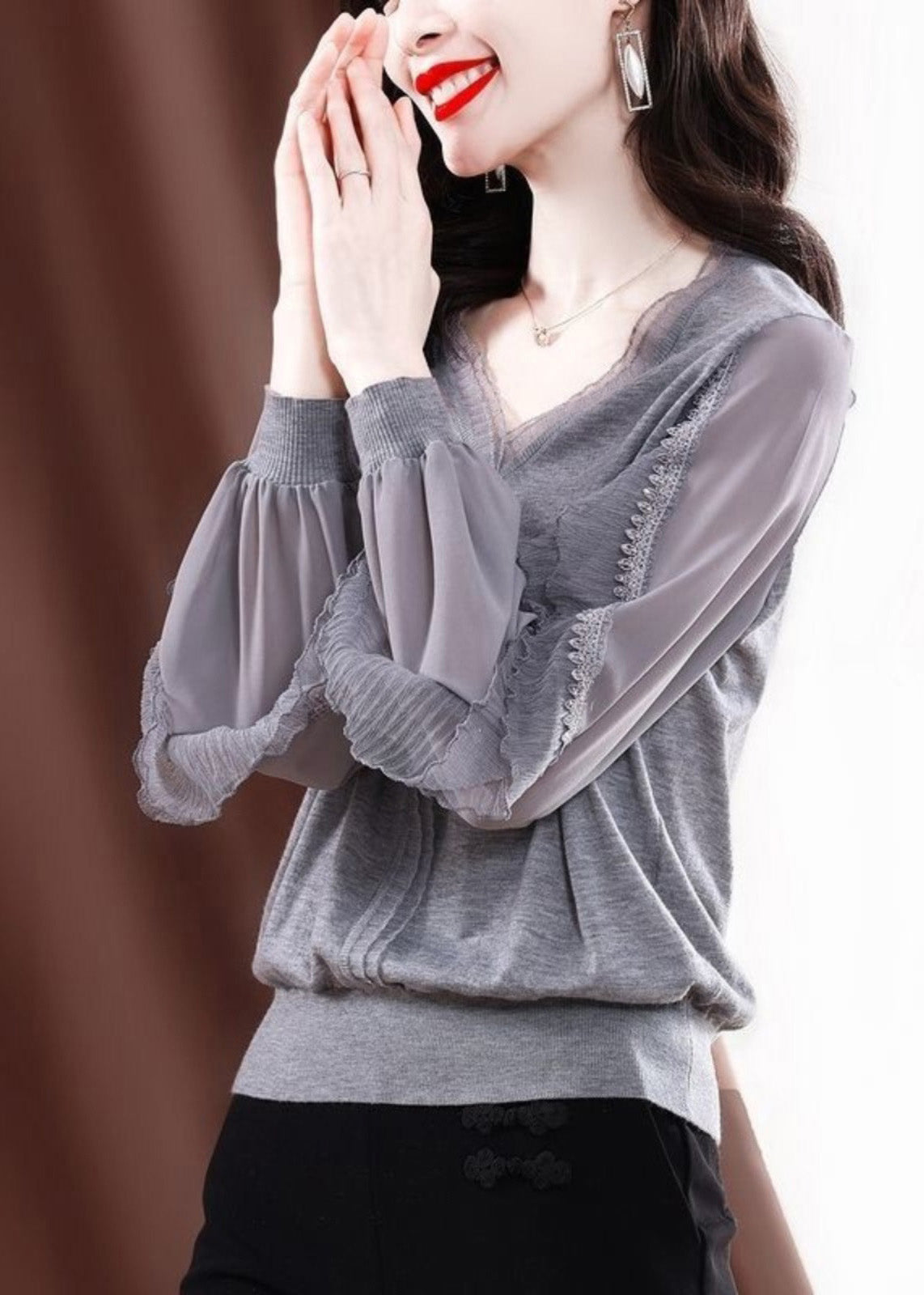 Fine Grey Shirt Patchwork Knit Tulle Spring Ruffled