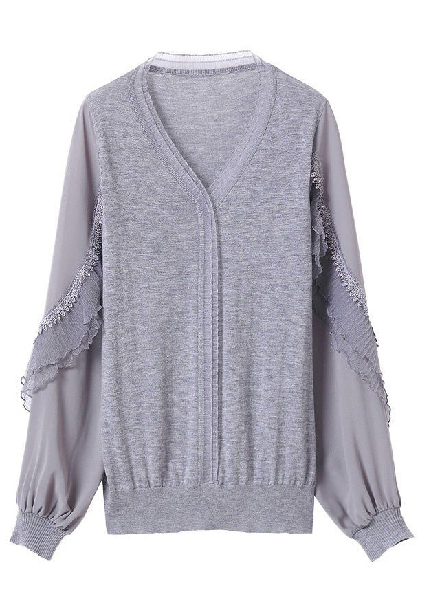 Fine Grey Shirt Patchwork Knit Tulle Spring Ruffled