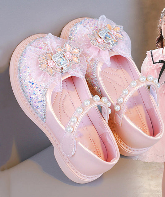 Girls Fine Zircon Crystal Pearl Flat Pink Buckle Shoes Strap