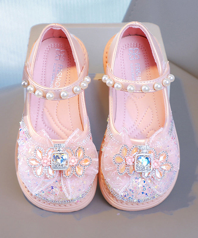 Girls Fine Zircon Crystal Pearl Flat Pink Buckle Shoes Strap