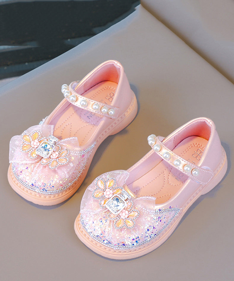 Girls Fine Zircon Crystal Pearl Flat Pink Buckle Shoes Strap