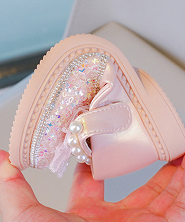 Girls Fine Zircon Crystal Pearl Flat Pink Buckle Shoes Strap