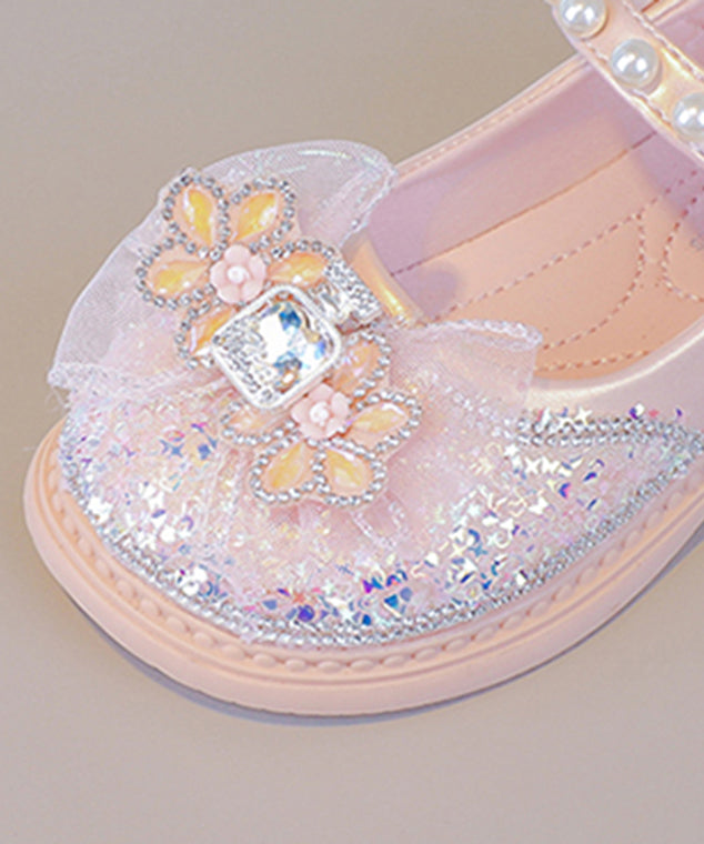 Girls Fine Zircon Crystal Pearl Flat Pink Buckle Shoes Strap