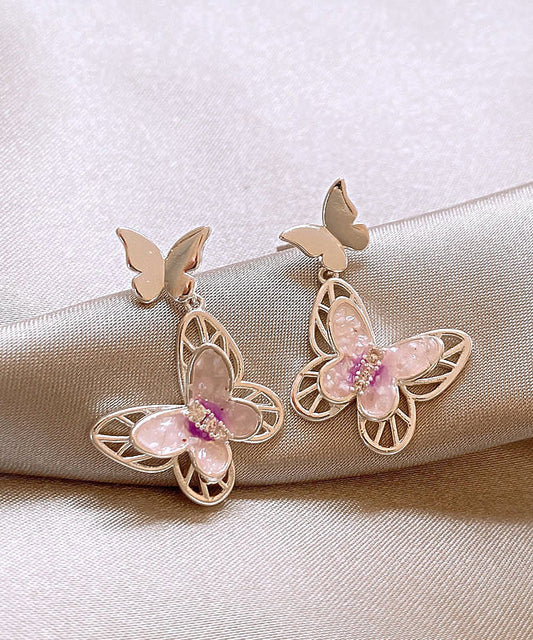 Hollow Earrings Butterfly Glaze Pink Copper Out Drop Fine